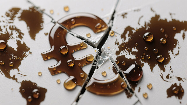 Minimalist macro image of oil drops shaped like a broken financial symbol, illustrating energy trade disruption and global economic tension.