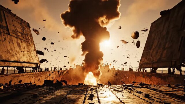 A massive explosion rips an old warship in half during a sunset battle. The vessel breaks apart with fire and smoke, depicting a dramatic disaster.