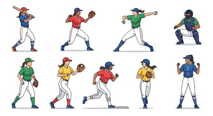 Fototapeta premium A set of diverse female softball players in different action poses, including batting, pitching, catching, and running, illustrated in a cartoon style.