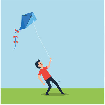 Illustration depicts a person flying a blue kite on a breezy day. The person is bending backwards