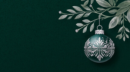 Elegant Christmas background with silver ornament and decorative leaves on dark green texture, perfect for luxury holiday cards, invitations, branding, or festive designs.