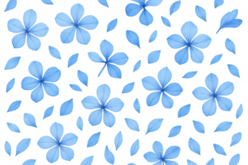 Blue plumbago flowers and petals creating a seamless botanical pattern on a transparent background