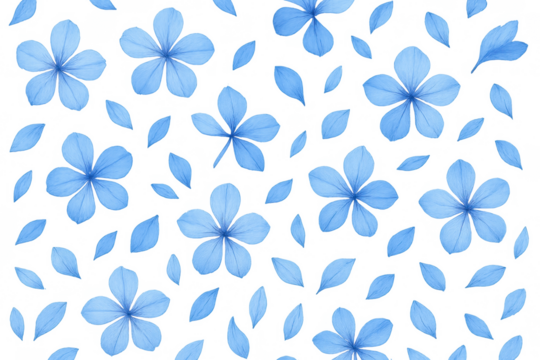 Blue plumbago flowers and petals creating a seamless botanical pattern on a transparent background