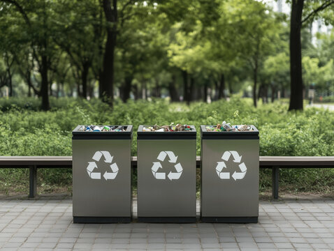 Beautifully designed waste sorting station featuring three recycling bins lush green park. bins are clearly marked for different types of waste, promoting environmental awareness
