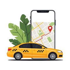 Yellow taxi car and smartphone with navigation app isolated on transparent background