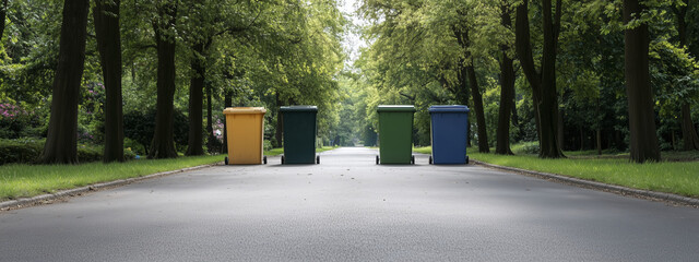 Beautifully designed waste sorting station featuring colorful bins in serene park setting. vibrant yellow, green, and blue bins stand out against lush greenery, promoting environmental awareness