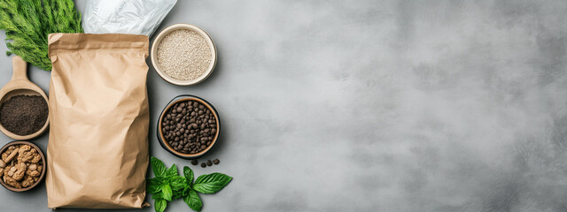 Collection of various natural ingredients including spices, grains, and herbs arranged gray background, showcasing blend of textures and colors that evoke sense of freshness and culinary