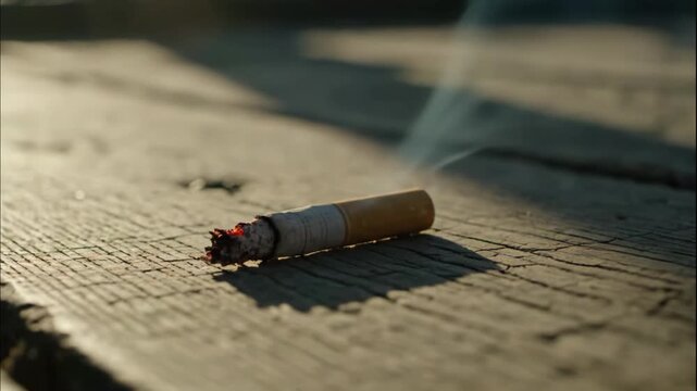 A lit cigarette smolders on a dry wooden plank, creating a fire risk.
