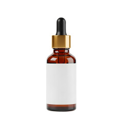 Amber glass dropper bottle with blank white label isolated on transparent background