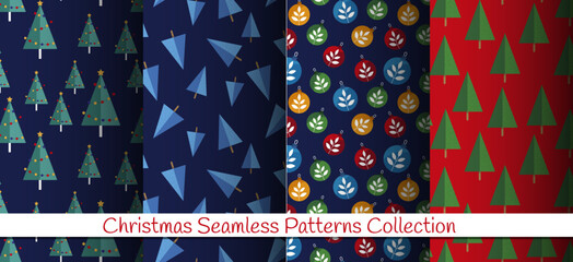 Christmas Seamless Vector Patterns Collection with Trees and Colorful Baubles on Dark and Red Backgrounds