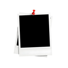 Stack of instant photo prints pinned with a red thumbtack isolated on transparent background