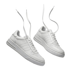 Pair of white leather sneakers with laces isolated on transparent background