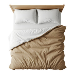 Top view of a neatly made bed with white bedding and a tan duvet isolated on transparent background
