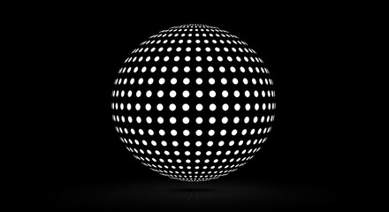 Dotted Sphere Pattern Abstract Globe with White Spots on Black Background, Geometric Design