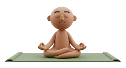 Cartoon Figure Meditating on Green Yoga Mat with Eyes Closed.