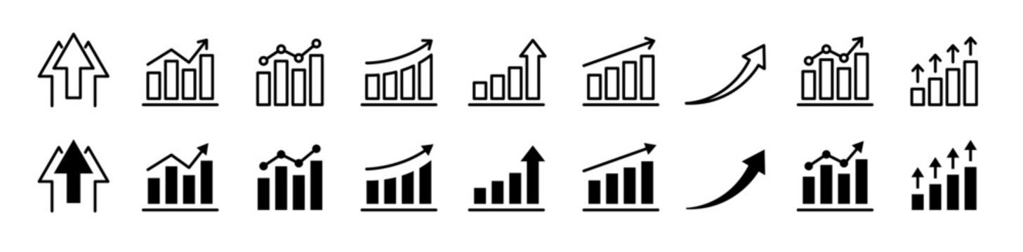 Growth icon set. Containing arrow up, growing graph, business chart icons. Vector illustration.