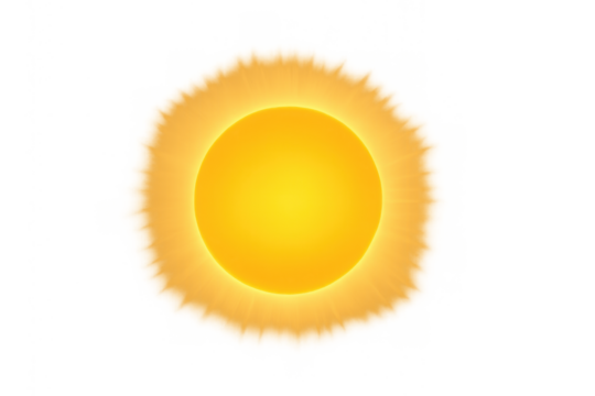 Sun, solar star, or bright light source with glowing corona emitting rays, transparent background