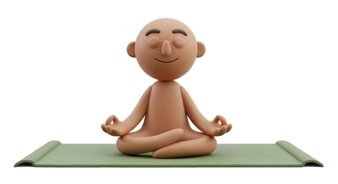 Cartoon Figure Meditating on Green Yoga Mat with Eyes Closed.