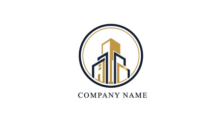 Elegant circular logo with gold and black abstract city buildings.