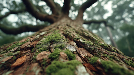 Fototapeta premium Cinematic Forest Trunk Close-Up with low angle shot