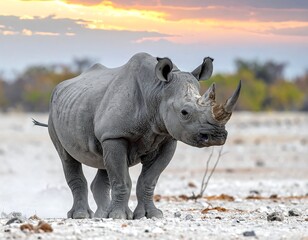 Fototapeta premium A large, gray rhinoceros stands in a desolate landscape with sparse vegetation. The sky displays vibrant orange and yellow hues at sunset