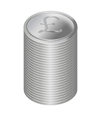 A stack of silver coins with pound sterling currency symbol arranged in regular manner. Money concept, isolated on transparent background.