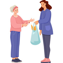 Two women interacting one gifting a shopping bag with bread to the other woman who is wearing a pink sweater and blue jeans