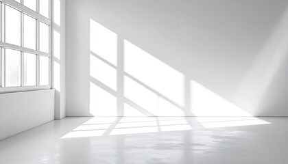Minimalist white interior with sunlight casting window shadows on the wall and floor.