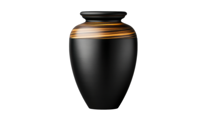 Elegant Black Urn with Wood Accents on Transparent Background