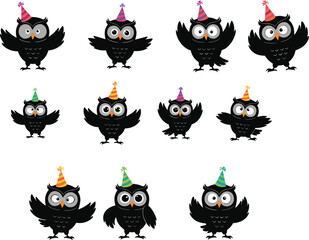 Cartoon black owls with colorful party hats, cute owl illustrations, funny owl characters, whimsical owl drawings, festive owl art, decorative owl design