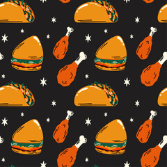 Fast food vector seamless pattern for menu design with groovy cartoon retro colorful 90s illustration of street meals, tasty sandwich, crispy chicken legs, Mexican tacos