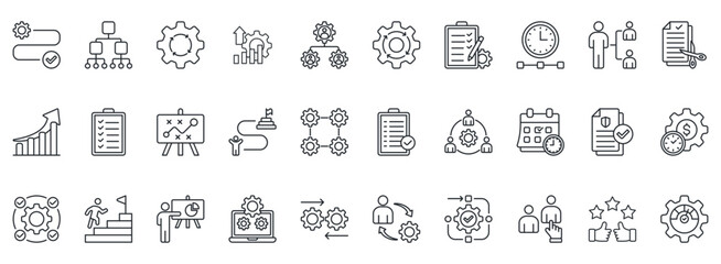 Workflow Icon Set. Contains Icons That Are Relevant For Business. Designed In Vector Outline Style