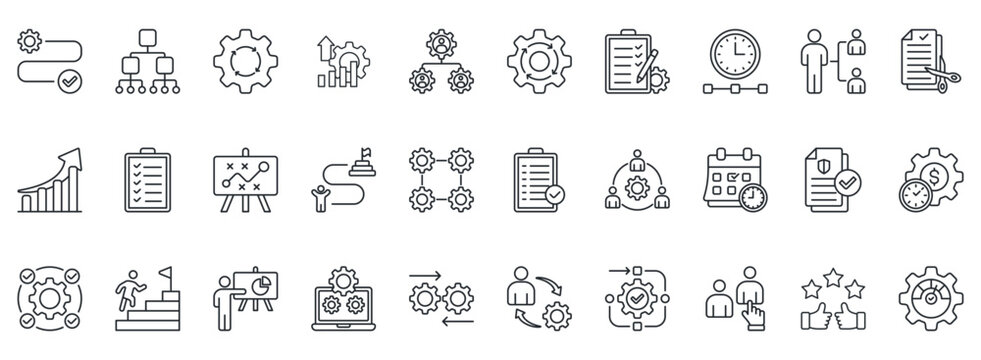 Workflow Icon Set. Contains Icons That Are Relevant For Business. Designed In Vector Outline Style