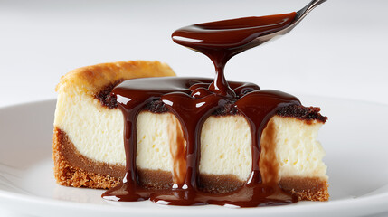 Obraz premium San Sebastian cheesecake slice with golden crust and rich chocolate sauce dripping from spoon, artisan baked dessert, gourmet treat, food photography, creamy texture, patisserie style.