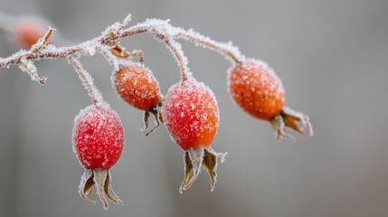 Close-up of vivid red rose hips covered with fresh snow, showcasing natural beauty, macro details winter frost, frozen berries, seasonal contrast, and serene cold atmosphere in nature