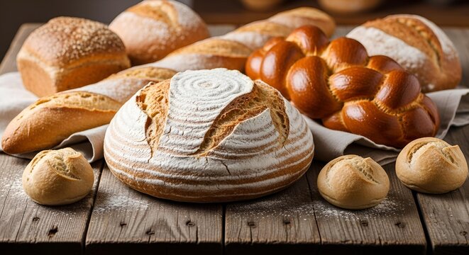 A rustic assortment of freshly baked artisan breads, including sourdough, baguettes, and rolls, artfully arranged on a wooden table.