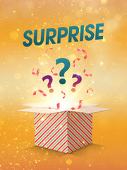 Surprise box. Question marks and confetti bursting out of package on orange gradient background