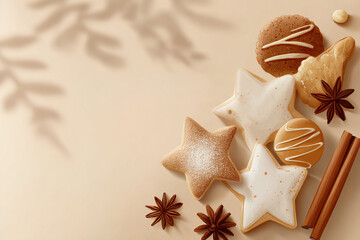 Flat lay composition with decorated Christmas cookies and aromatic cinnamon stick on neutral beige backdrop, concept of winter celebration and homemade treats