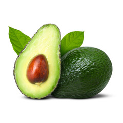 Fresh avocados and green leaves on white background