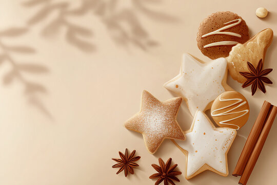 Flat lay composition with decorated Christmas cookies and aromatic cinnamon stick on neutral beige backdrop, concept of winter celebration and homemade treats