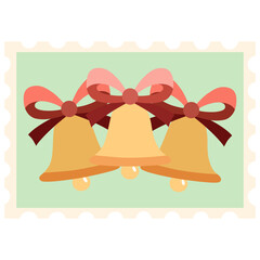 Christmas Postage Stamp With Golden Bells Red Bows Festive Decoration In Minimal Flat Illustration