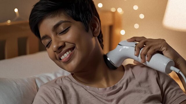 Woman Uses Electric Massager on Her Neck for Relaxation at Home