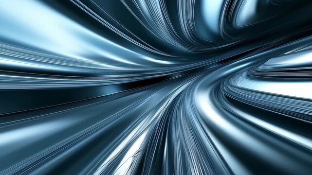 Metallic Blue Abstract Tunnel Curved Surfaces. Futuristic Motion Background