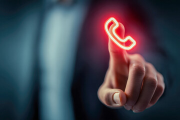 Businessman pressing virtual glowing telephone icon with finger symbolizing modern communication and customer service contact in technology interface environment