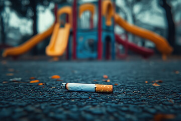 Smoking cigarette abandoned near playground blurred in background, symbolizing overlooked hazards in public spaces. concept youth protection, clean environments and behavioral awareness