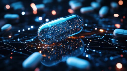 Futuristic pill bottle with glowing liquid, symbolizing advanced preventive medicine and health innovation.