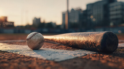 Top view close-up of bat and ball positioned on base in natural sunlight, representing baseball, competition and teamwork. Suitable for banners, social media and sports websites