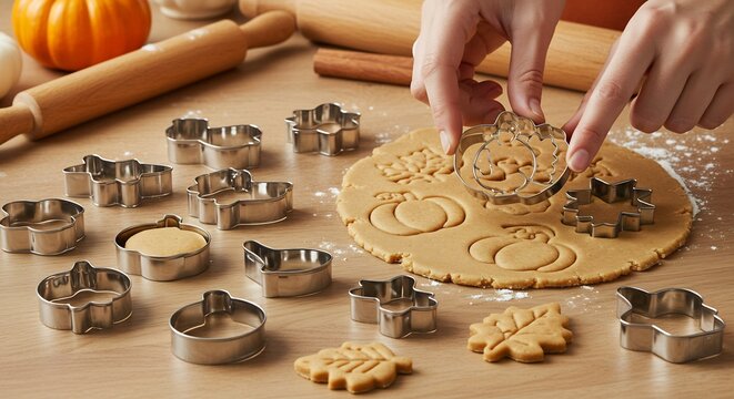 Autumn Baking Scene - Cookie Cutters and Dough Preparation.
