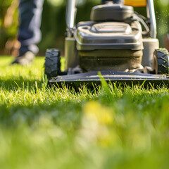 Fototapeta premium Detailed image of working lawn mower cutting fresh green grass, emphasizing outdoor gardening and home maintenance