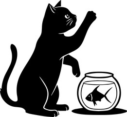 Curious Cat Reaching Fishbowl – Black and White Pet Silhouette Illustration
